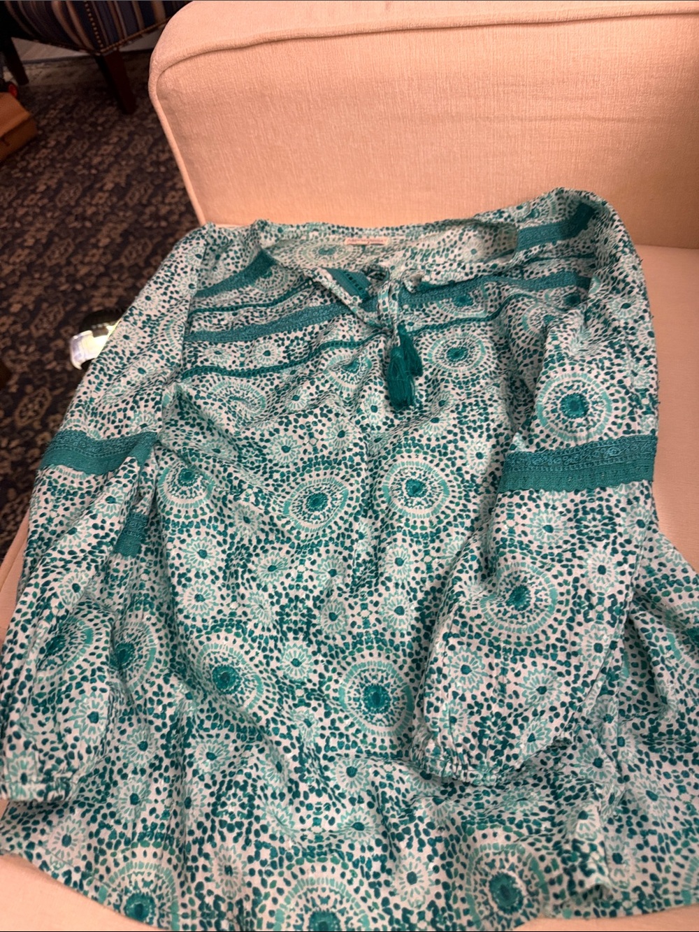 Moda International Teal and White Printed Peasant Blouse